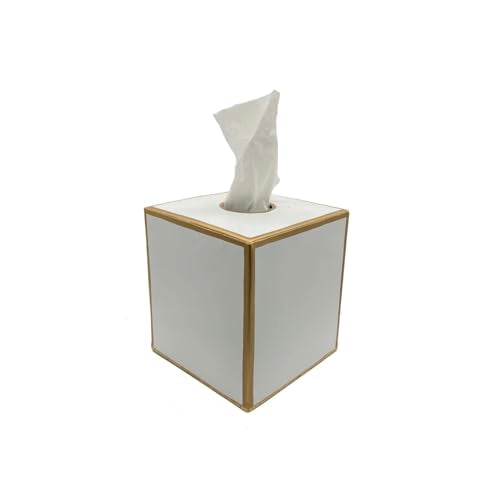 Jaye's Studio White Tissue Box Cover, Square Metal Gold Cube for Bathroom | Matte Hand-Painted Finish, Fits Facial Holders, Polished Trim, Open Bottom, Nursery Vanity Desk - color: White