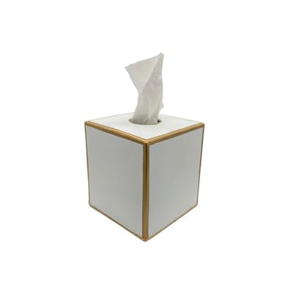 Jaye's Studio White Tissue Box Cover, Square Metal Gold Cube for Bathroom | Matte Hand-Painted Finish, Fits Facial Holders, Polished Trim, Open Bottom, Nursery Vanity Desk - color: White