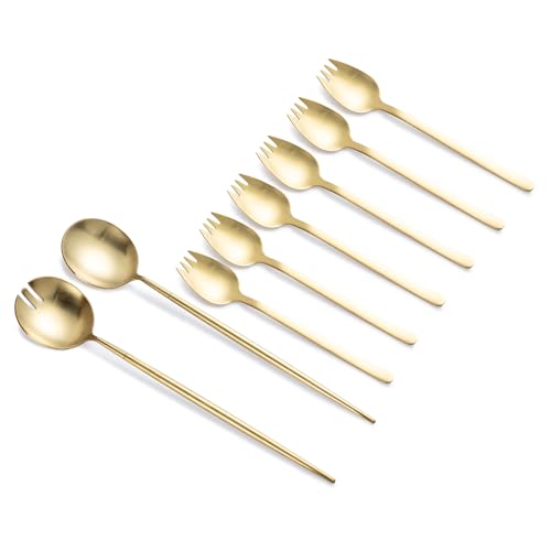 8-Piece Gold Salad Serving Set - 11.4 inch Stainless Steel Spoon & Fork with 6 Salad Forks, Titanium Plating, Dishwasher Safe for Entertaining, Parties - color: Salad Servers Set include 6 Forks gold