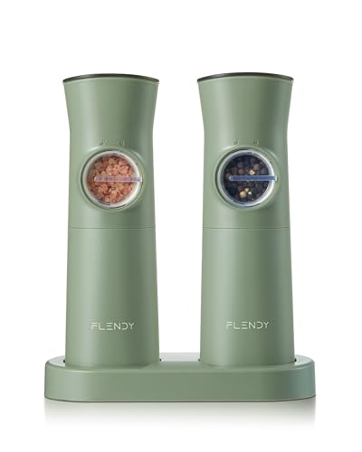 Flendy Gravity Electric Salt and Pepper Grinder Set with Charging Base | USB-C Charging Base, Gravity-Activated, Automatic, Rechargeable, Dust Cover, Large Capacity, Slim, Kitchen Housewarming Gift - color: Sage