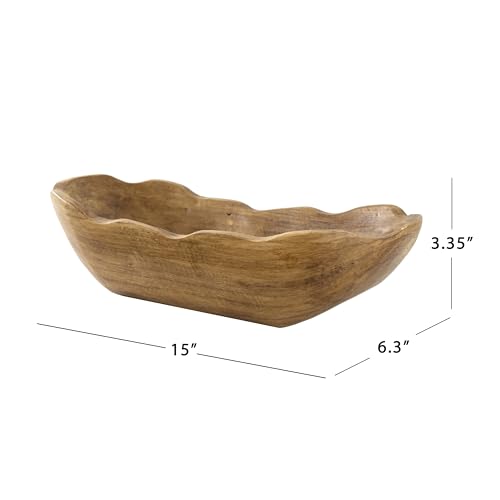 Indoor Carved Mid-Tone Brown Paulownia Wood Decorative Dough Bowl, 15.2" Rustic Farmhouse Centerpiece Bowl for Home Table Living Room Decor, 2026 Home Essential