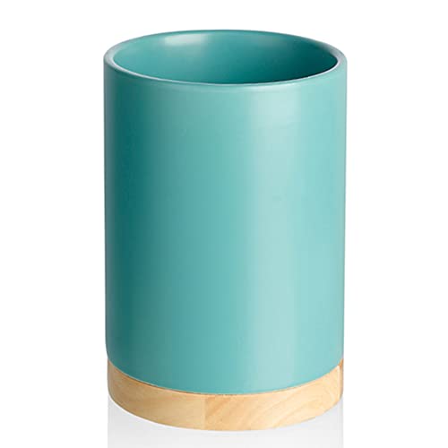 Sweejar Kitchen Utensil Holder with Wooden Bottom, 6.7" Ceramic Utensil Crock to Hold Spatulas for Cooking Countertop, Housewarming, Wedding, Birthday Gift (Turquoise) - color: Turquoise