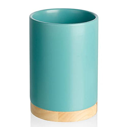 Sweejar Kitchen Utensil Holder with Wooden Bottom, 6.7" Ceramic Utensil Crock to Hold Spatulas for Cooking Countertop, Housewarming, Wedding, Birthday Gift (Turquoise) - color: Turquoise