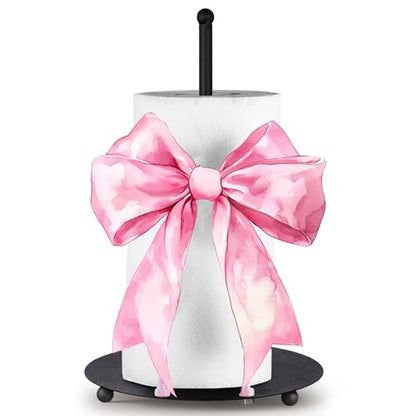 Pink Bow Paper Towel Holder Pink Countertop Kitchen Decor and Accessories Black Metal Farmhouse Large Tissue Stand Gifts for Coquette Party, 3D Hand Painting Pattern, Weighted Base - style: Pink Bow