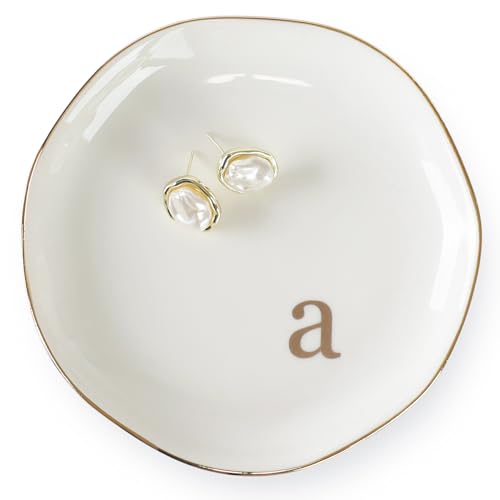 Initials Ring Dish Jewery Tray with Personalized A-Monogrammed Engagement Wedding Gifts for Friends,Sister,Birthday Christmas Gifts for Women,Ceramic White - style: a