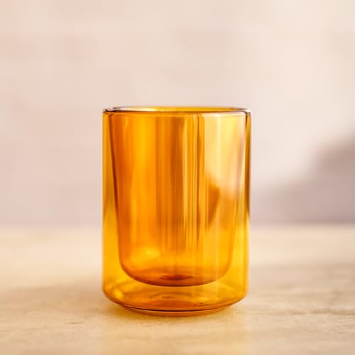Terra Kaffe Marigold Mezzo 8 oz Double-Walled Coffee Glass – Borosilicate Thermal Insulated Stackable Cappuccino & Latte Cup, Heat-Resistant Clear Glassware - color: Marigold, size: 8 Ounces