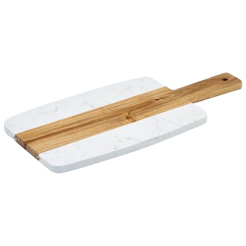Winco 15" x 7" White/Brown Marble and Wood Serving Board | Great for Charcuterie, Cheese, Appetizers and Buffet Displays