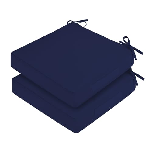Waterproof Outdoor Chair Cushions Set of 2, Square Outdoor Seat Cushions with Ties and Removable Covers, 19 x 19 Outdoor Cushions for Patio Furniture with Portable Handle(Navy) - color: Navy, size: 19x19x3
