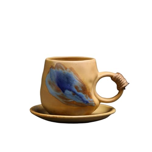 Little handmade ceramic pottery tea cup with saucer, espresso cup | 8 oz stoneware demitasse cup for lungo,cortado,Matcha, Americano - color: Light Brown