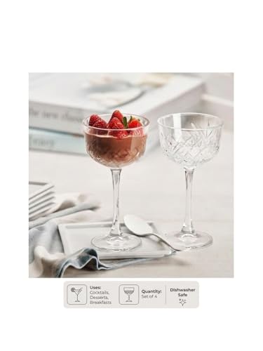Premium Crystal Coupe Glass Set | 5.4 oz Lead-Free Glassware for Cocktails, Champagne, and Martini | Elegant Diamond Cut Design for Desserts and Appetizers |Vintage Glassware (pack of 4)