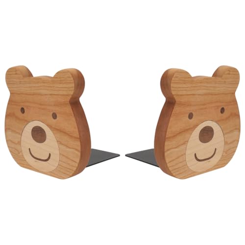Cabilock 2 Pieces Book Stoppers: Wooden Bear Bookends for Shelves - Metal Base Non-Skid Book Ends for Bookshelf Decoration Home Office School Supplies
