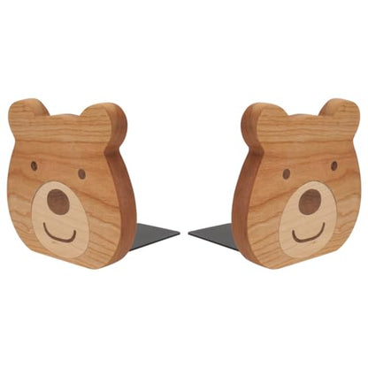 Cabilock 2 Pieces Book Stoppers: Wooden Bear Bookends for Shelves - Metal Base Non-Skid Book Ends for Bookshelf Decoration Home Office School Supplies