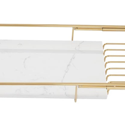 Expandable Stainless Steel Bathtub Caddy Tray, Adjustable Over Tub Rack Marble Board Anti-Slip Groove Raised Guardrail Modern Bath Organizer for Home Hotel Bathroom Use (Gold + White) - color: Gold + White