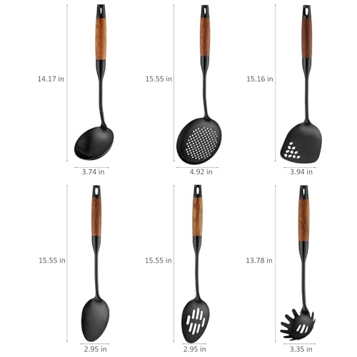 Izurok 18/10 Stainless Steel Kitchen Utensils Set,6 Piece Cooking Utensils With Wood Handle,Heat Resistant Kitchen Tool Set With Spatula, Spoon, Ladle, Skimmer, Slotted Spoon, Pasta - color: BLACK-6 Pieces, size: Large