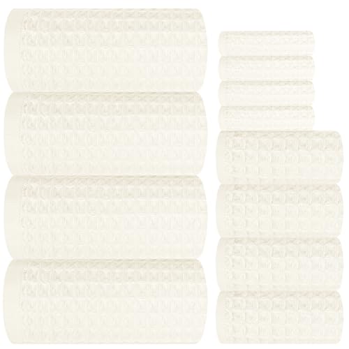 12 Piece White Waffle Bath Towel Set, 100% Cotton | Bathroom Towel Set, Highly Absorbent and Quick Dry, Soft Waffle Weave Towel, for Bathroom, Hotel, Spa, Gym Daily Use - color: White, size: 12 Piece Towel Set