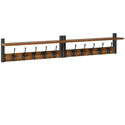 47.2" Coat Rack Wall Mount with Shelf and 10 Hooks, Rustic Brown UHWS004H-2 | 2 Pack Coat Hooks Wall Mount, Wood Wall Mounted Coat Rack with Hooks, Coat Hanger Wall Mount, Wall Hooks for Hanging - color: Rustic Brown