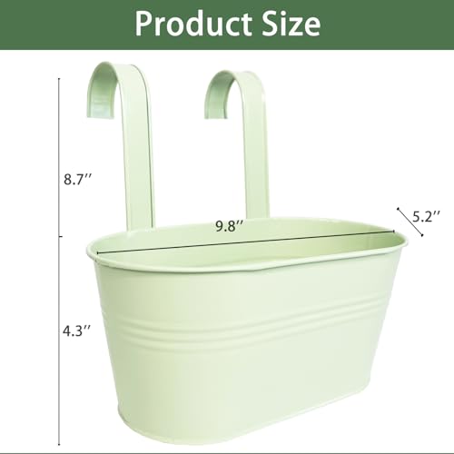 6 Pack 10" Balcony Hanging Metal Fence Planters Flower Pots, Mint Green | Removable hook, Drainage hole, Rustproof, For flowers / herbs / succulents, veggies, For railings / fences / balconies - color: Mint Green