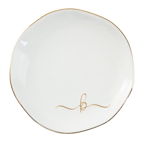 InnoBeta Jewelry Tray, Initial Ring Dish, Ceramic Trinket Dish, Letter B | 4.75-inch ceramic initial dish with a gold-tone rim organizes rings, earrings, and small jewelry on a vanity. - color: B
