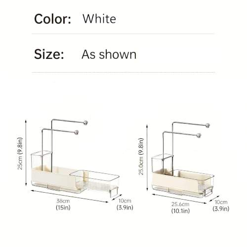 Expandable Kitchen Sink Caddy 25-38cm, 360° Rotating Sponge Holder & Brush | White, large, stretchable 25-38cm. Side brush holder, triple drainage, rust-proof.Ideal for sponge & kitchen sink accessories - color: White
