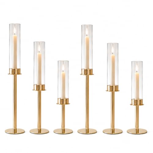 POKINE Gold Candle Holders Set of 6 for Taper Candle Holders | Hurricane Glass Candlestick Holder for Christmas Decor,Centerpieces for Tables,Party Decorative, Anniversary(6Gold) - color: Gold-6pcs
