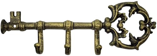 Stephanie Imports Rustic Cast Iron Large Key-Shaped Holder with 3 Key Hooks for Wall Mount (Antique Gold) - color: Antique Gold