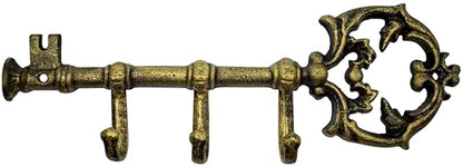 Stephanie Imports Rustic Cast Iron Large Key-Shaped Holder with 3 Key Hooks for Wall Mount (Antique Gold) - color: Antique Gold
