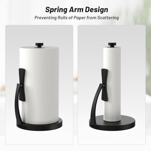 VEHHE Paper Towel Holder Countertop, Black Paper Towel Holder with Spring Activated Arm and Damping Effect, Simply Tear Paper Towel Stand for Bathroom and Kitchen (Black) - color: Black, size: Suction Base