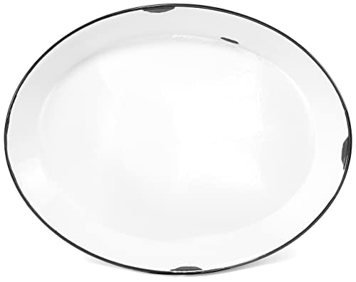 Red Co. Oven Safe Enamelware Metal Classic 16.5” Serving Oval Tray Platter, Distressed White/Black Rim