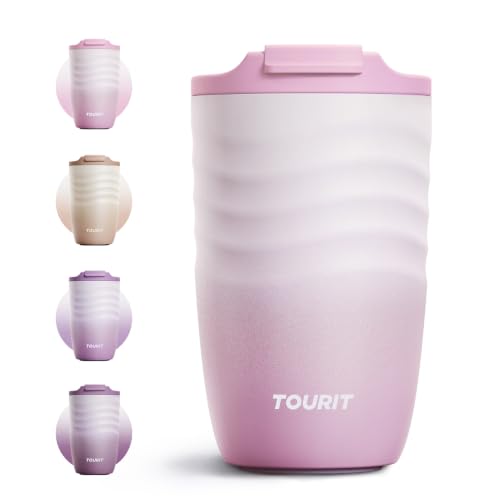 TOURIT 12 oz Travel Coffee Mug, Vacuum Insulated Stainless Steel Tumbler with Ripple-Wave Anti-Slip Grip, Built-in Silicone Bottom for Quiet & Stable, Leak-Proof Lid, Fits Car Cup Holder, Pink - color: Pink, size: 12 Ounces