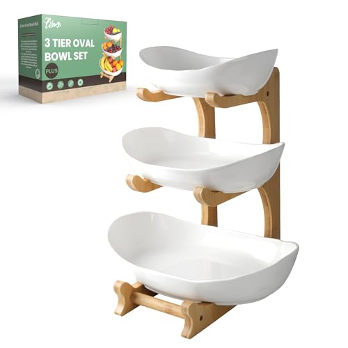 Seven Sparta 3 Tier Fruit Bowl for Kitchen Counter (PLUS Series) / Ceramic Serving Bowls with Bamboo Stand/Big Size Tiered Fruit Basket for Fruit Vegetable Storage, Dessert, Salad Buffet Server - style: PLUS edition