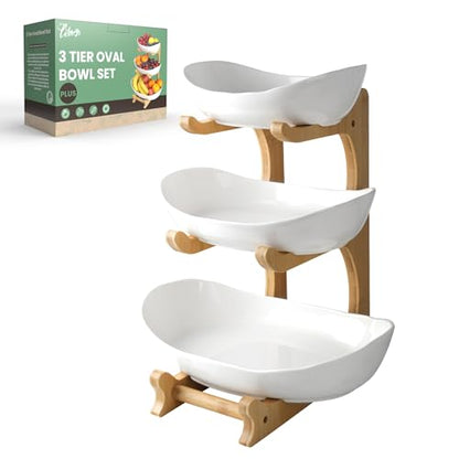Seven Sparta 3 Tier Fruit Bowl for Kitchen Counter (PLUS Series) / Ceramic Serving Bowls with Bamboo Stand/Big Size Tiered Fruit Basket for Fruit Vegetable Storage, Dessert, Salad Buffet Server - style: PLUS edition