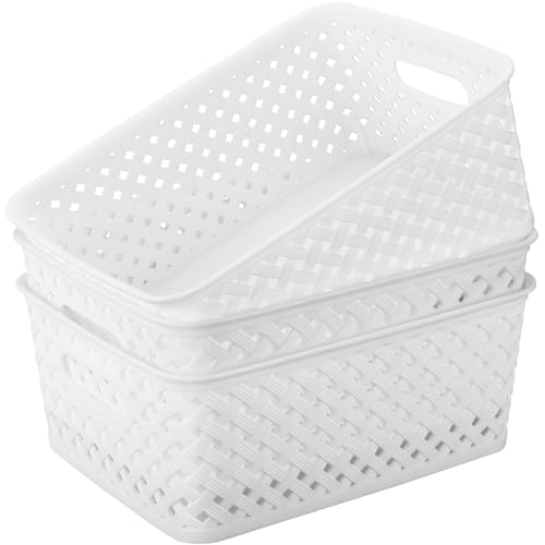 MaxGear 3 Pack Plastic Storage Baskets, Medium, White | Durable Woven Plastic with Built-In Handles, Suitable for Shelves, Closets, Cabinets, Bathrooms and Offices - color: White, size: Medium