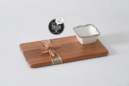Pampa Bay Acacia Charcuterie Board with Porcelain White & Silver Dipping Bowl and Wood Spreader - color: White & Silver