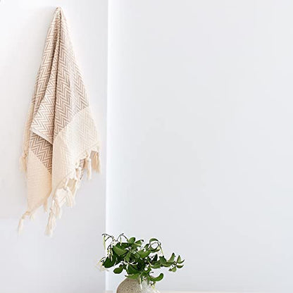 Kitchen Hand Towels with Boho Design, Set of 2, Dish Towels for Kitchen, 100% Cotton Turkish Hand Towels for Bathroom (14 x 30 Inches, Beige) - color: Beige