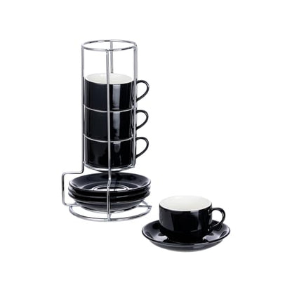 2.5oz Espresso Cups Set of 4, Small Stackable Coffee Cups with Saucers and Metal Stand, Ceramic Demitasse Cups, Cappuccino Cups for Coffee Drinks, Latte, Black - color: Black, size: 2.5oz