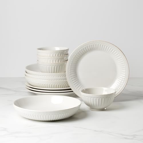 Lenox French Perle Groove White Stoneware Dinnerware Set with Dinner Bowls | dishwasher safe, microwave safe | plates and bowls sets for kitchen and dining | 11 inch plate, dish set - style: 12-Piece Dinnerware Set (Bowls)