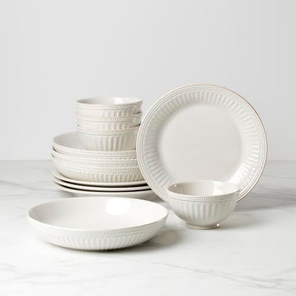 Lenox French Perle Groove White Stoneware Dinnerware Set with Dinner Bowls | dishwasher safe, microwave safe | plates and bowls sets for kitchen and dining | 11 inch plate, dish set - style: 12-Piece Dinnerware Set (Bowls)