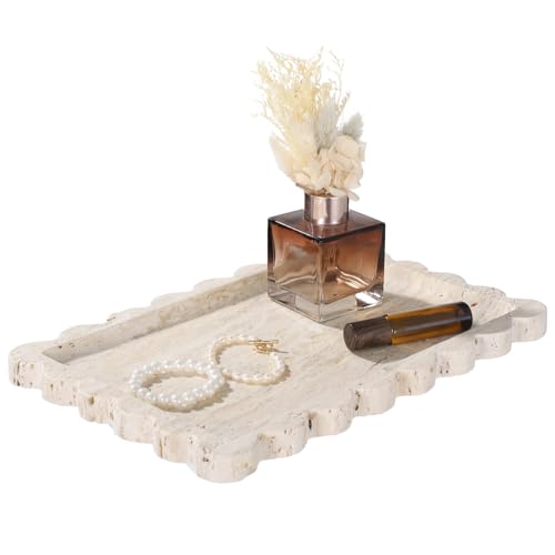 Natural Travertine Rectangle Vanity Tray, Natural Stone Tray with Scalloped Edge, Decorative Irregular Shape for Bathroom Countertop, Jewelry, Cosmetics, Candles, Lotion, Perfume, 12 x 8 in