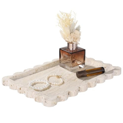 Natural Travertine Rectangle Vanity Tray, Natural Stone Tray with Scalloped Edge, Decorative Irregular Shape for Bathroom Countertop, Jewelry, Cosmetics, Candles, Lotion, Perfume, 12 x 8 in