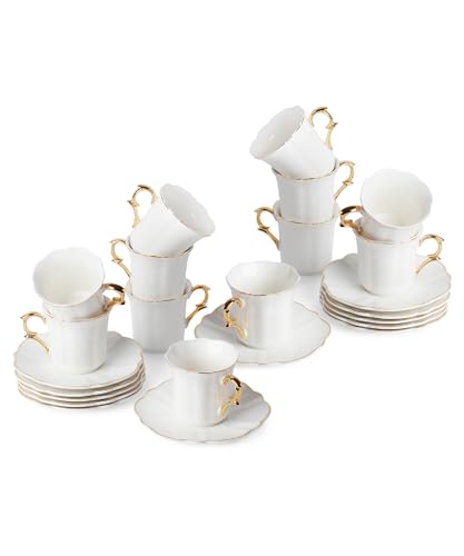 BTaT- Porcelain Espresso Cups Set, 3 oz, 12 Set, Small Coffee Mugs | Elegant White Cups Saucers Gold Trim Espresso Set Greek Arabic Turkish Coffee Gift Use - color: White, size: Set of 12