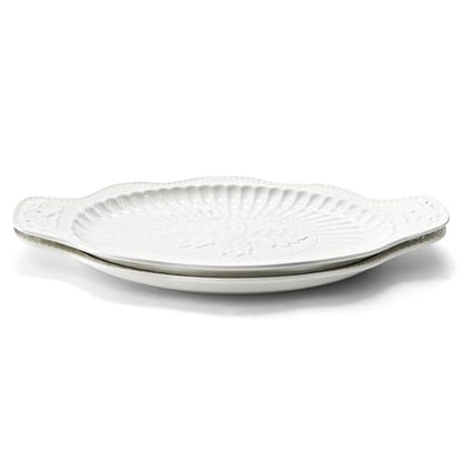 2 Pack Porcelain Oval Serving Platters, 14 Inch Large Embossed White Serving Plates for Entertaining, Oven Safe Stackable Ceramic Dinner Tray for Fish, Meat, Appetizers, Fruits, Dessert