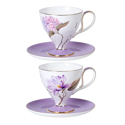 KAMMAK Tea Cups Set of 2,Ceramic Floral Pattern Demitasse Cup | Porcelain Espresso Cup with Saucer, 8.45 oz Handmade Elegant Bone China Tea Cups for Latte, Americano, Cappuccino - color: Magnolia & Hydrangea