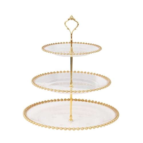 3-Tier Clear 14" Round Plastic Cupcake Tower Stand Gold Beaded Rim | Display Riser for Birthday Wedding Party Events Reception Buffet Catering Decorations Supplies - color: Clear and Gold