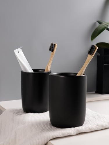 Bosilunlife Soap Dispenser and Toothbrush Holder Set - 11Oz Foam Soap Dispenser Pump Ceramic Bathroom Counter Soap Toothbrush Holder Set Black Bathroom Accessories Set - color: Black-cylinder Foam