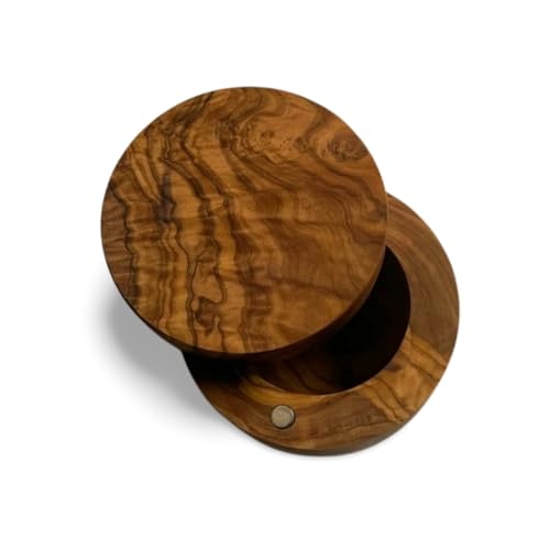 Handmade Olive Wood Salt and Pepper Keeper with Magnetic Swivel Lid – Rustic Wooden Salt Cellar for Kitchen Storage.