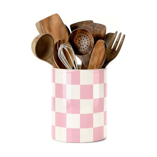 Kitchen Utensil Holder, Pink and White Checkered Ceramic Utensil Holder , Cooking Utensil Crocks for Kitchen Countertop, Kitchen Decorations Rustic Farmhouse Decor