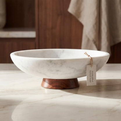 Decorative Marble Bowl White - Handcrafted Natural Stone on Removable Acacia Wood Pedestal Base - Versatile 10" Catch‑All Centerpiece - Entryway, Dining Table, Kitchen Fruit Bowl, Key Holder (White) - color: White