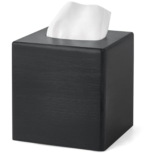 Mkono Tissue Box Cover Square, Rustic Wood Open-Bottom Holder, Black | Decorative Tissue Holder, Modern Farmhouse Decor, Desk Organizer, Bedroom Guest Room Bathroom living Room Office Dorm - color: Black