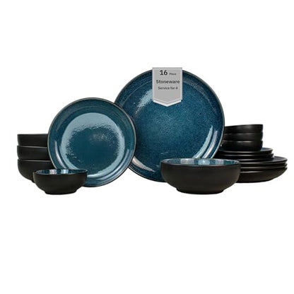 Sango 16-Piece Stoneware Dinnerware Set for 4, Glossy Black/Blue Big Dinner Plates and Bowls Sets with Reactive Glaze, Ceramic Dish Set, Modern Beautiful Dishes, Microwave & Dishwasher Safe, Resona - color: Blue, size: 16-Piece Set