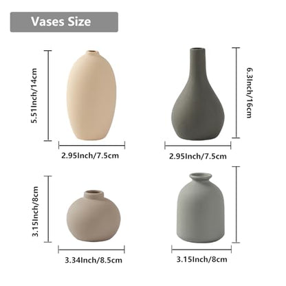 Ceramic Vase Set of 4 Small Vases Home Decor Modern Rustic Farmhouse | Pottery Decorative Flower Vases for Pampas Grass Dried Fresh Flowers, Living Room, Bedroom, Table Centerpiece, Mantel, Shelf